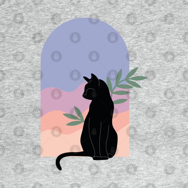 Вoho minimalist black cat with plants and sunset by ArtistryWhims